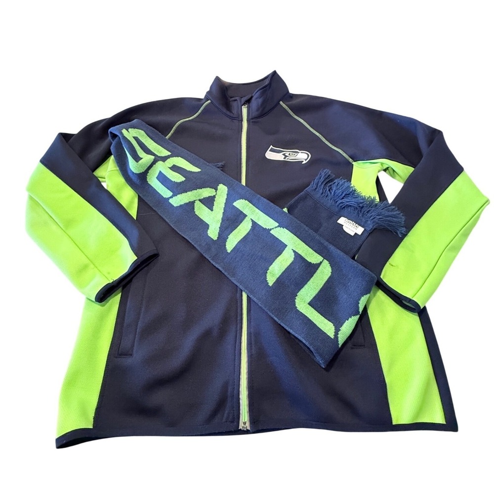 NFL Seattle Seahawks Full Zip Track Jacket Navy Lime Green XL Mens & Scarf